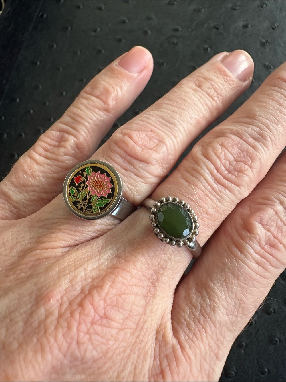 Set of 2 rings made from vintage clip earrings. Size adjustable.